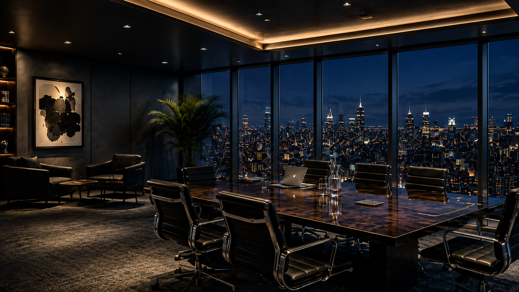 Executive boardroom at night with city views